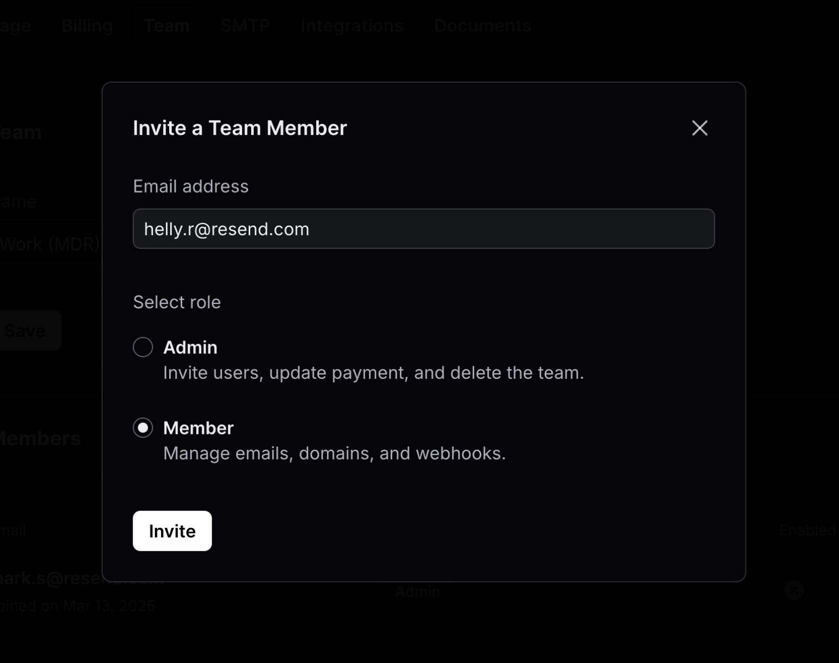Invite a user to your team